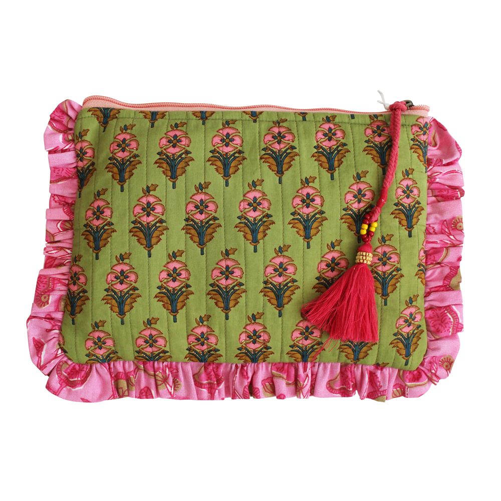 Block Printed Green & Pink Floral Quilted Ruffle Make Up Bag