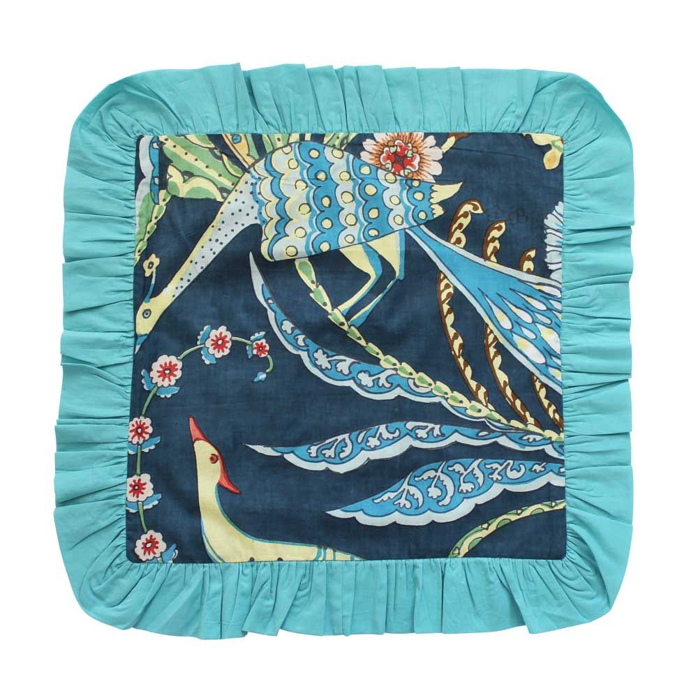 Blue Floral Exotic Bird Indian Cushion