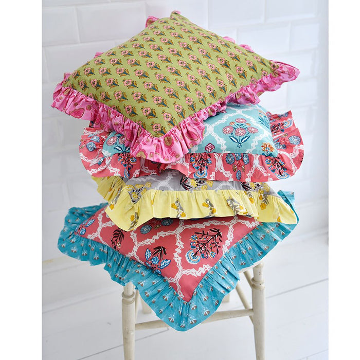 Block Printed Turquoise & Pink Floral Tile Ruffle Cushion