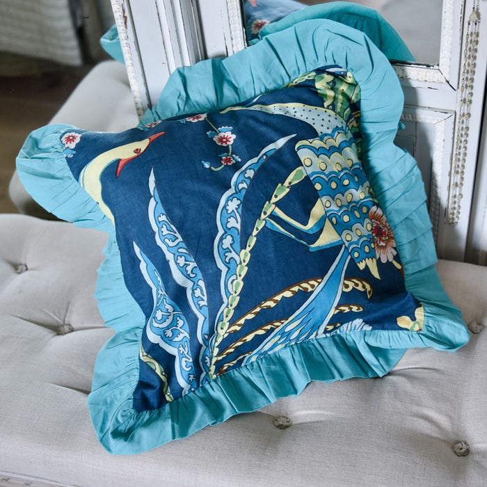Blue Floral Exotic Bird Indian Cushion