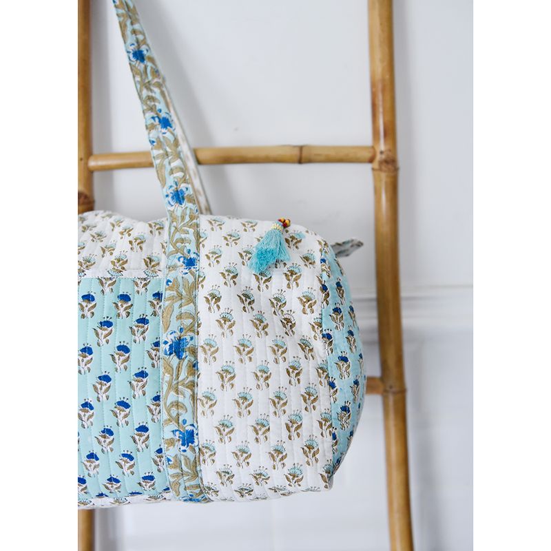 Block Printed Aqua, White & Green Floral Quilted Duffle Bag