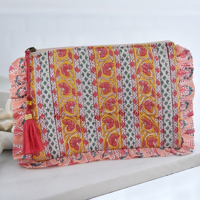 Block Printed Green, Lemon & Sorbet Pink Floral Stripe Quilted Ruffle Make Up Bag