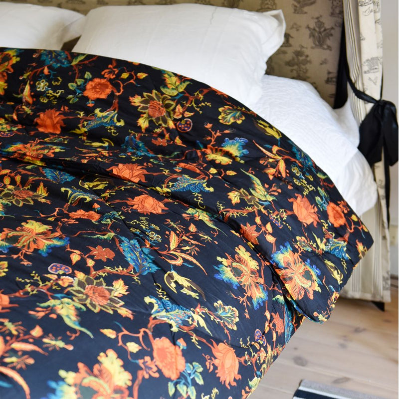 Burnt Orange Exotic Flower Print Cotton Indian Bed Quilt