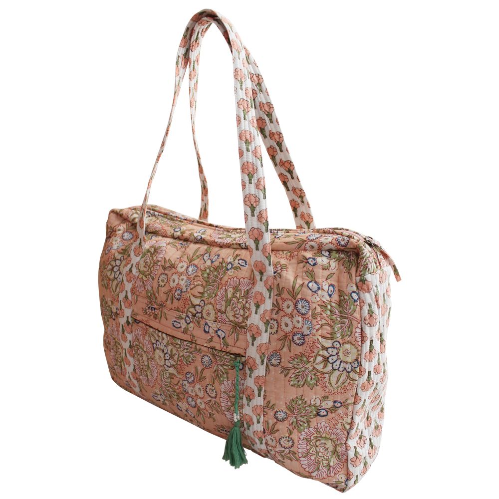 Block Printed Peach Floral Quilted Bag