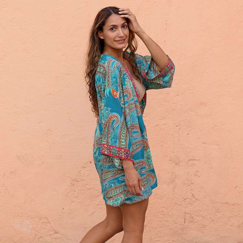 Turquoise & Pink Paisley Viscose Summer Jacket