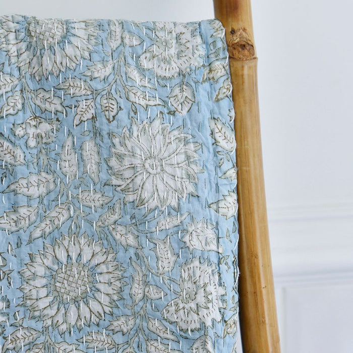Block Printed Blue Cornflower Kantha Throw