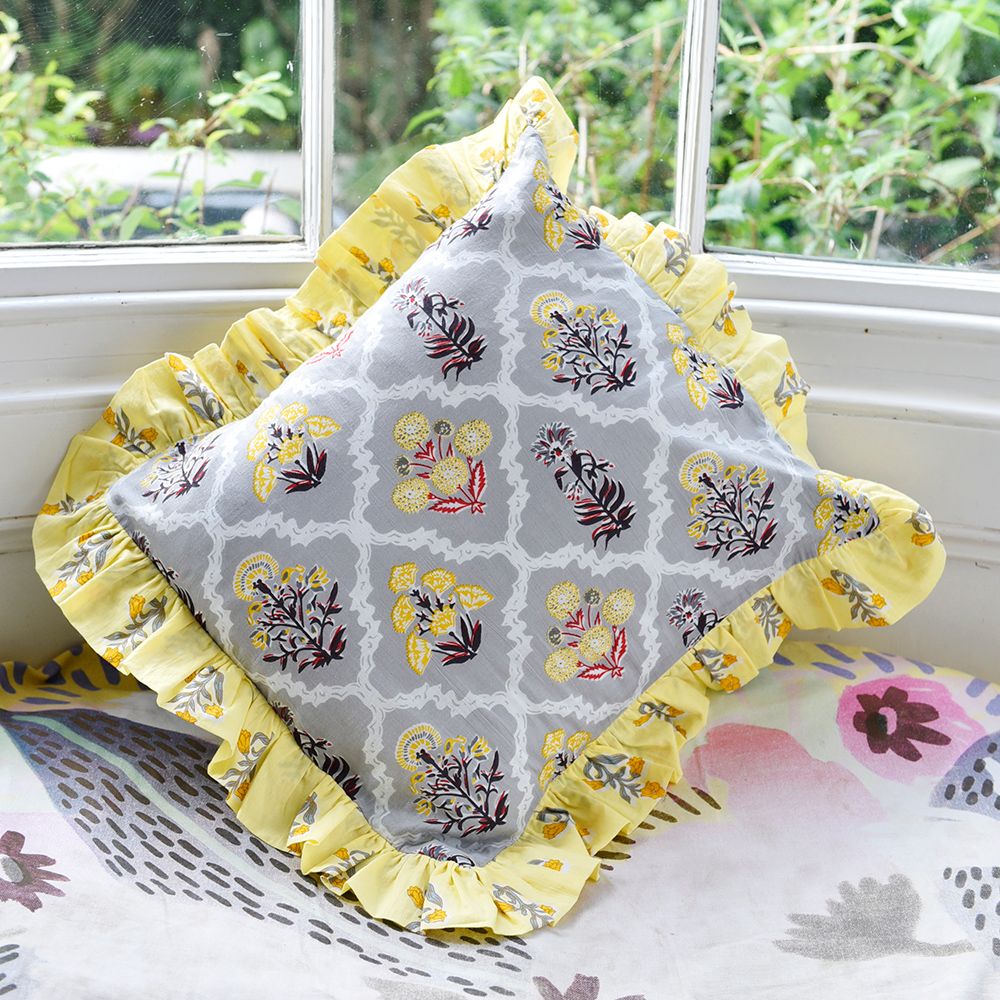 Block Printed Grey & Yellow Floral Tile Ruffle Cushion