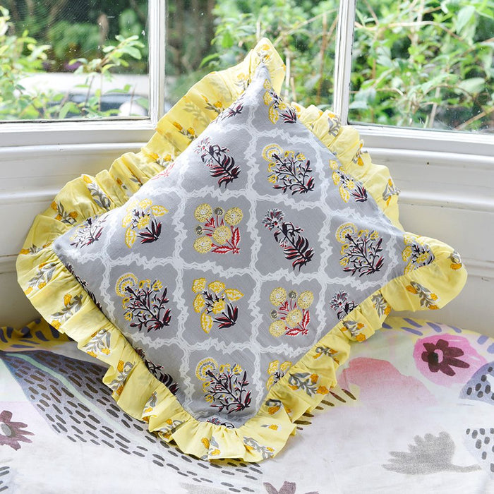 Block Printed Grey & Yellow Floral Tile Ruffle Cushion