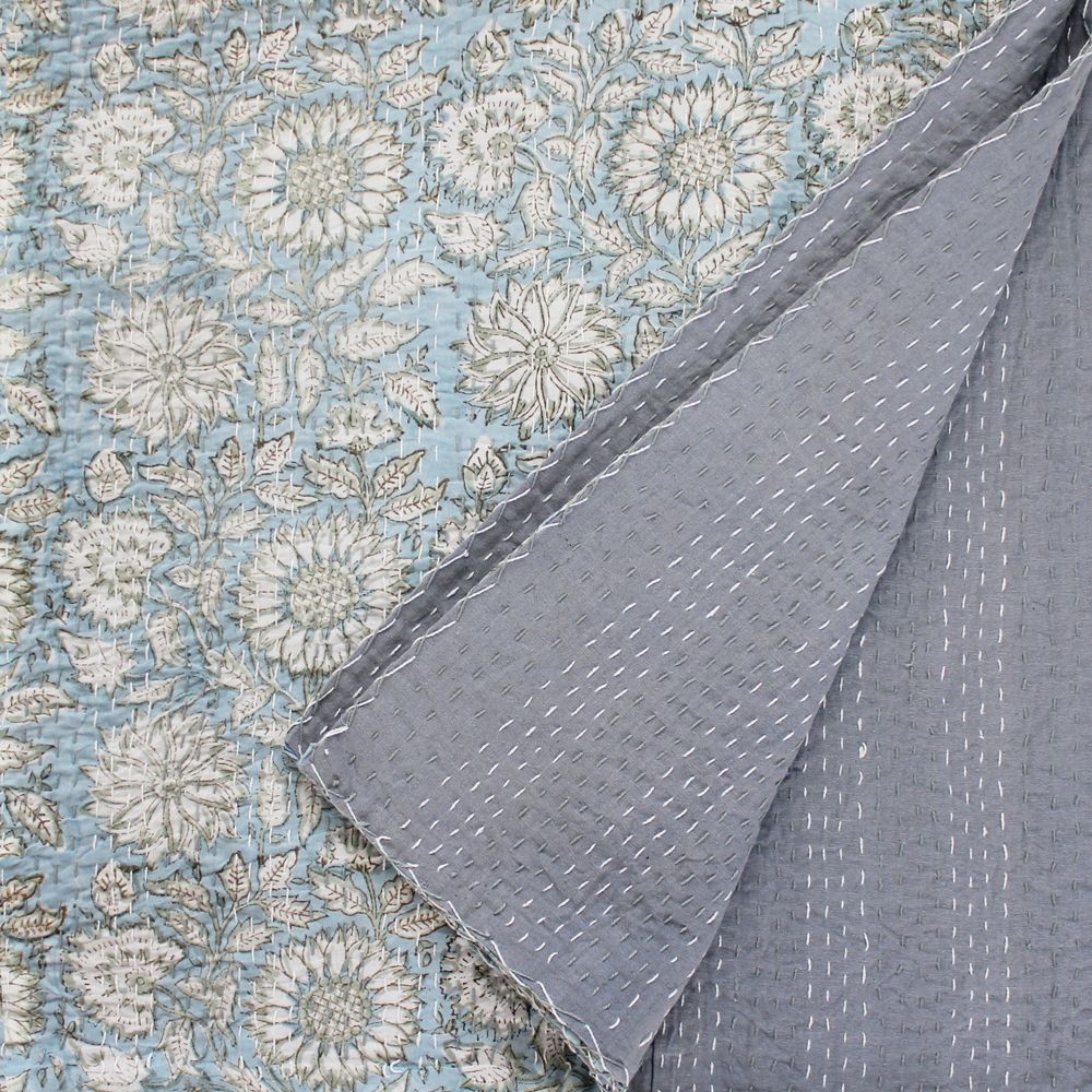 Block Printed Blue Cornflower Kantha Throw