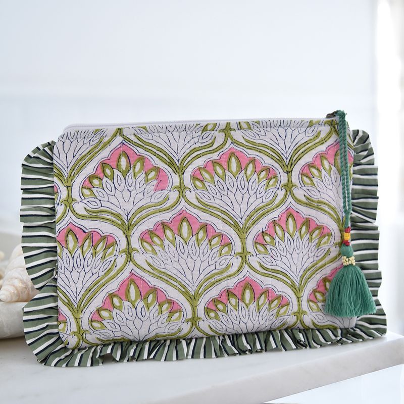 Block Printed Green & Pink Ogee Quilted Ruffle Make Up Bag