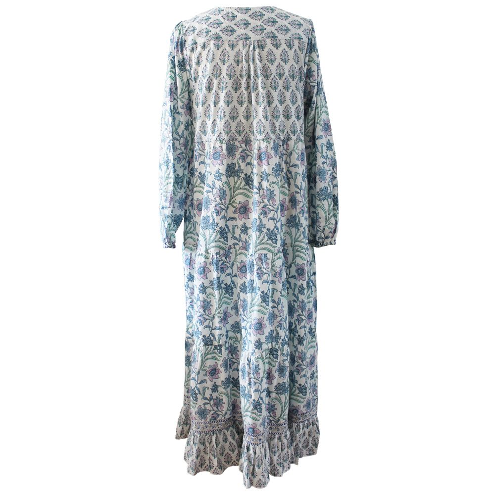 Block Printed Lilac Blue Floral Cotton Dress 'Cassidy'