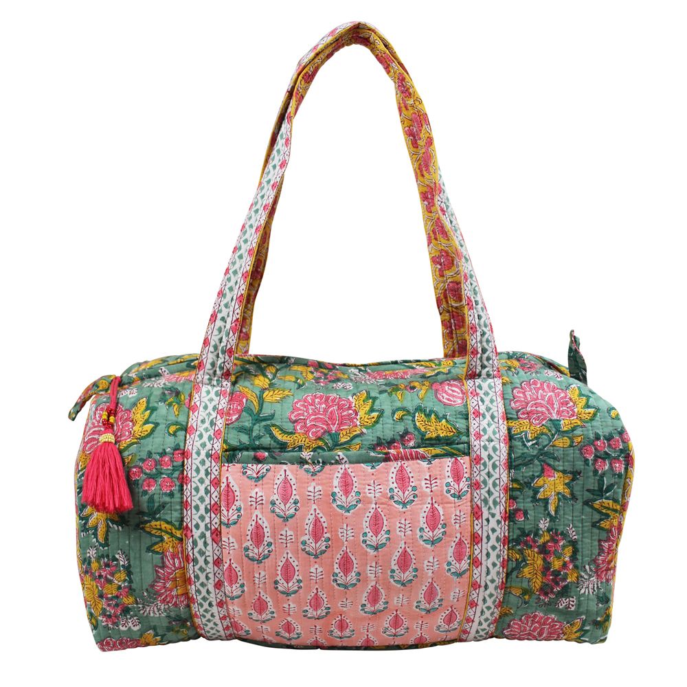 Block Printed Green, Lemon & Sorbet Pink Floral Stripe Quilted Duffle Bag