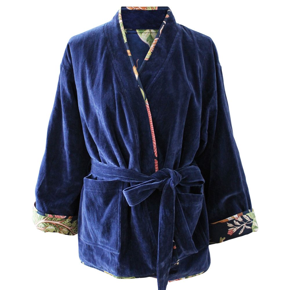 Dark Blue Velvet/Carnation Cotton Print Reversible Jacket