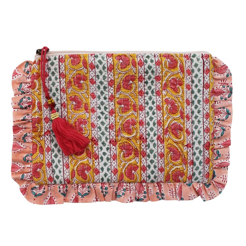 Block Printed Green, Lemon & Sorbet Pink Floral Stripe Quilted Ruffle Make Up Bag