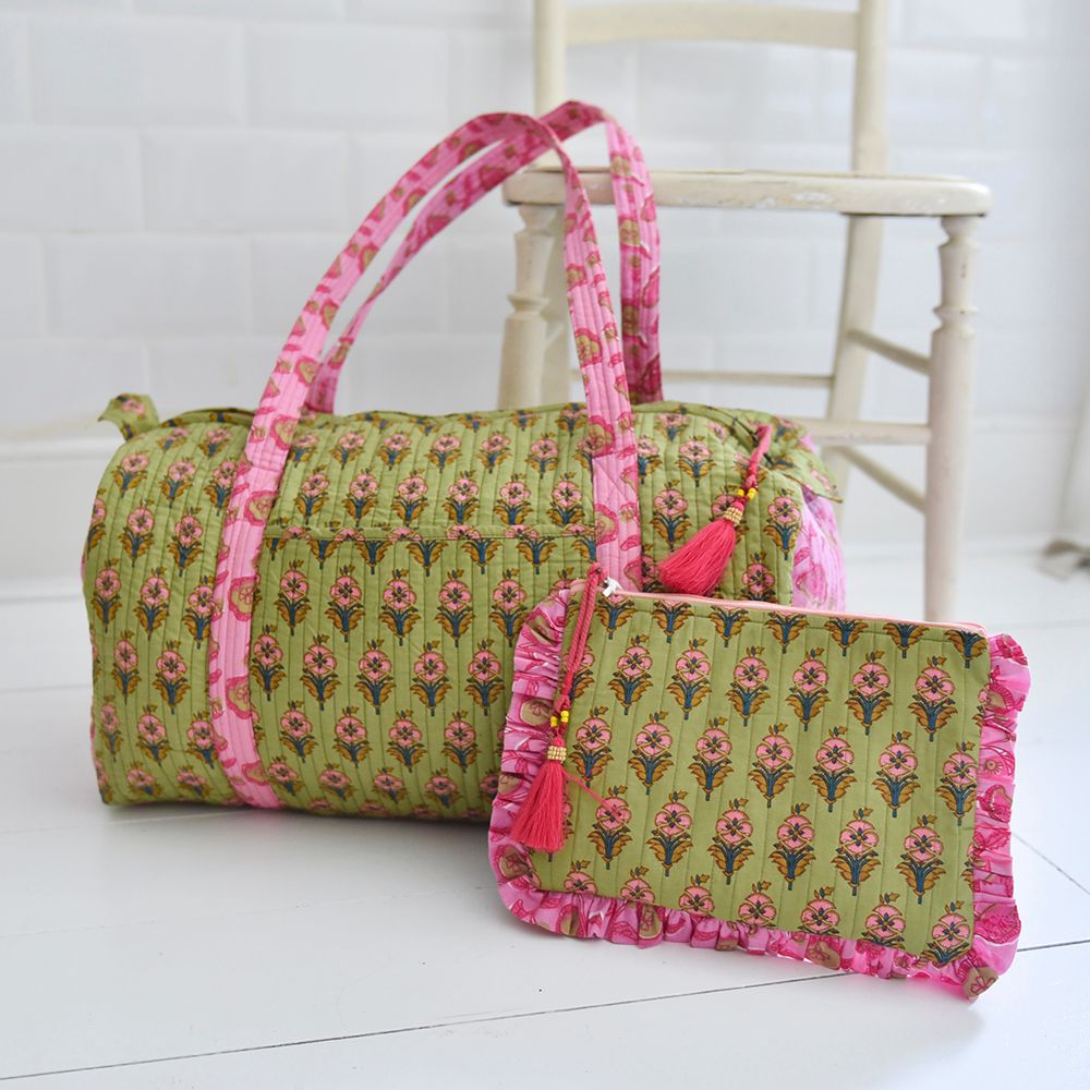 Block Printed Green & Pink Floral Quilted Ruffle Make Up Bag