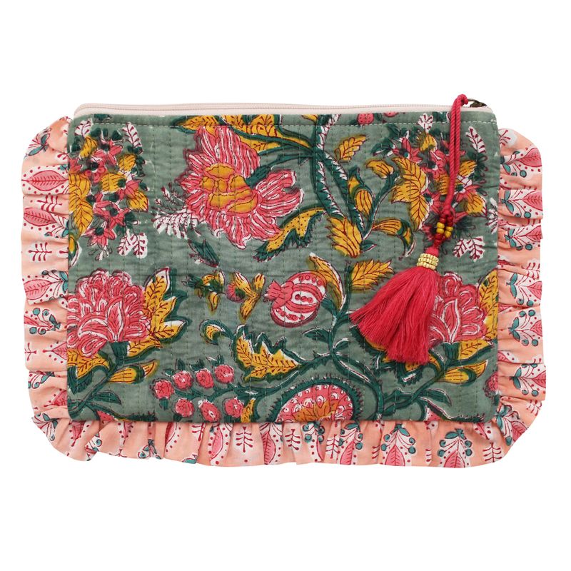 Block Printed Green, Lemon & Sorbet Pink Floral Stripe Quilted Ruffle Make Up Bag