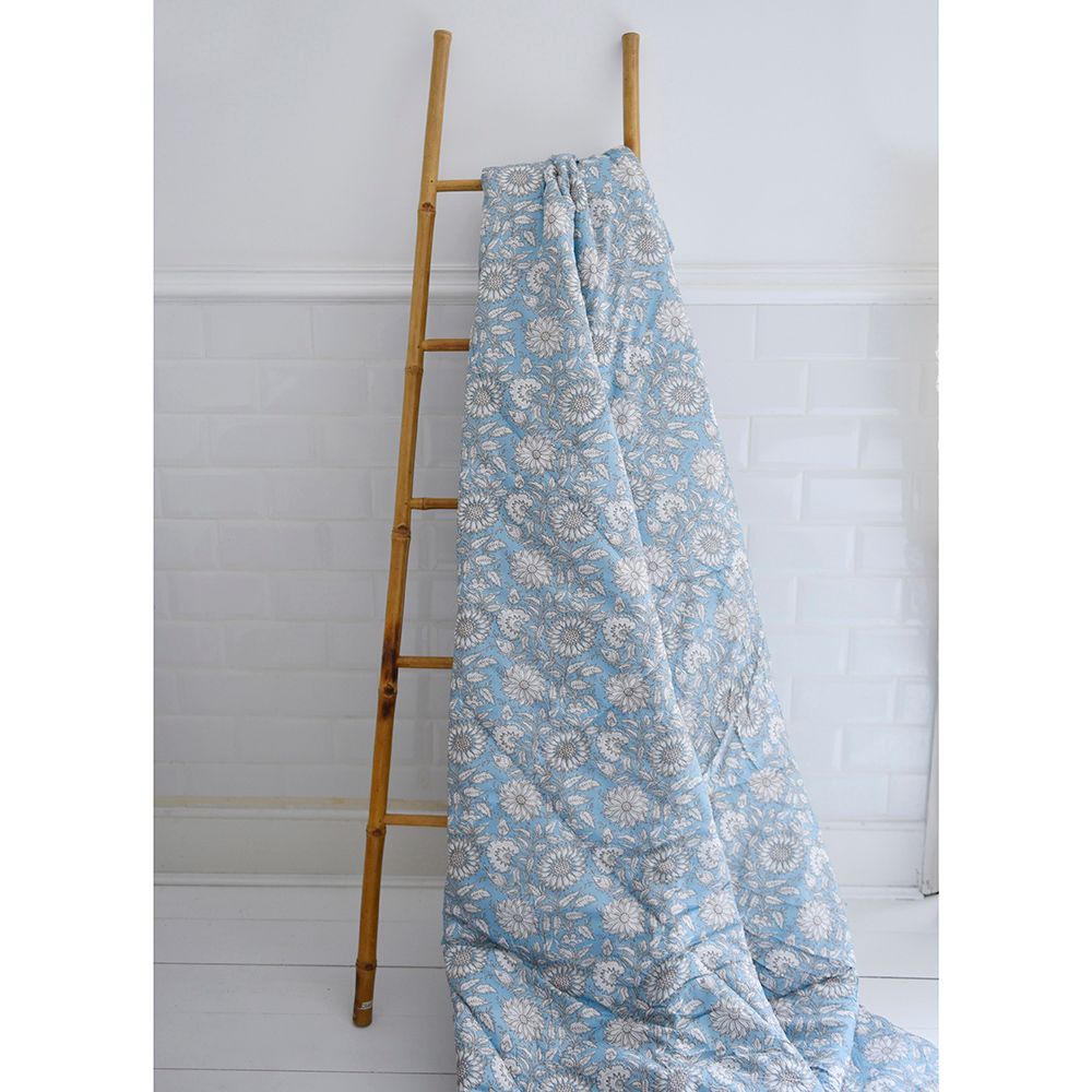 Block Printed Blue Cornflower Cotton Indian Bed Quilt