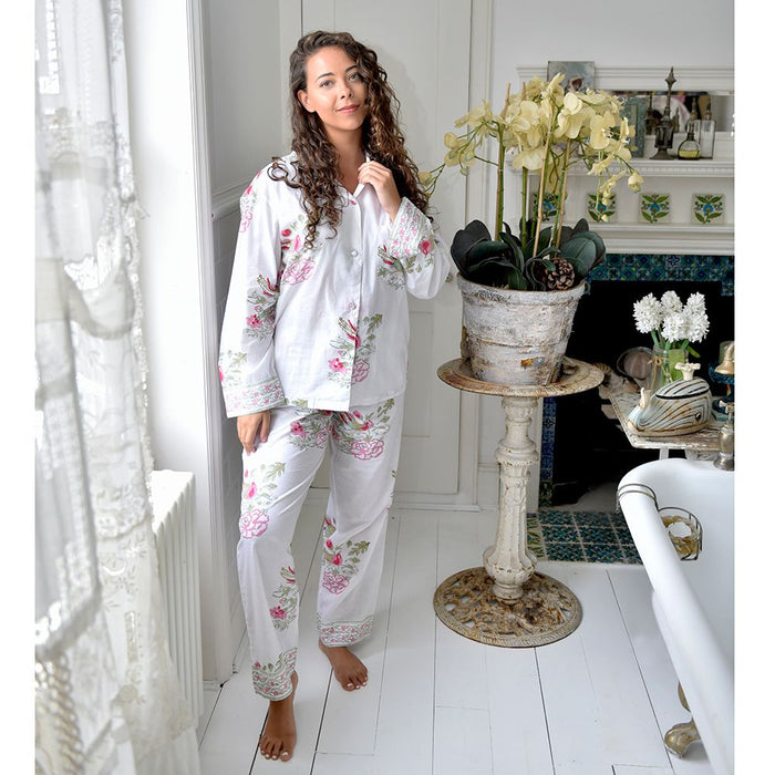Block Printed Pink & Mint Floral Bird Cotton Pyjamas