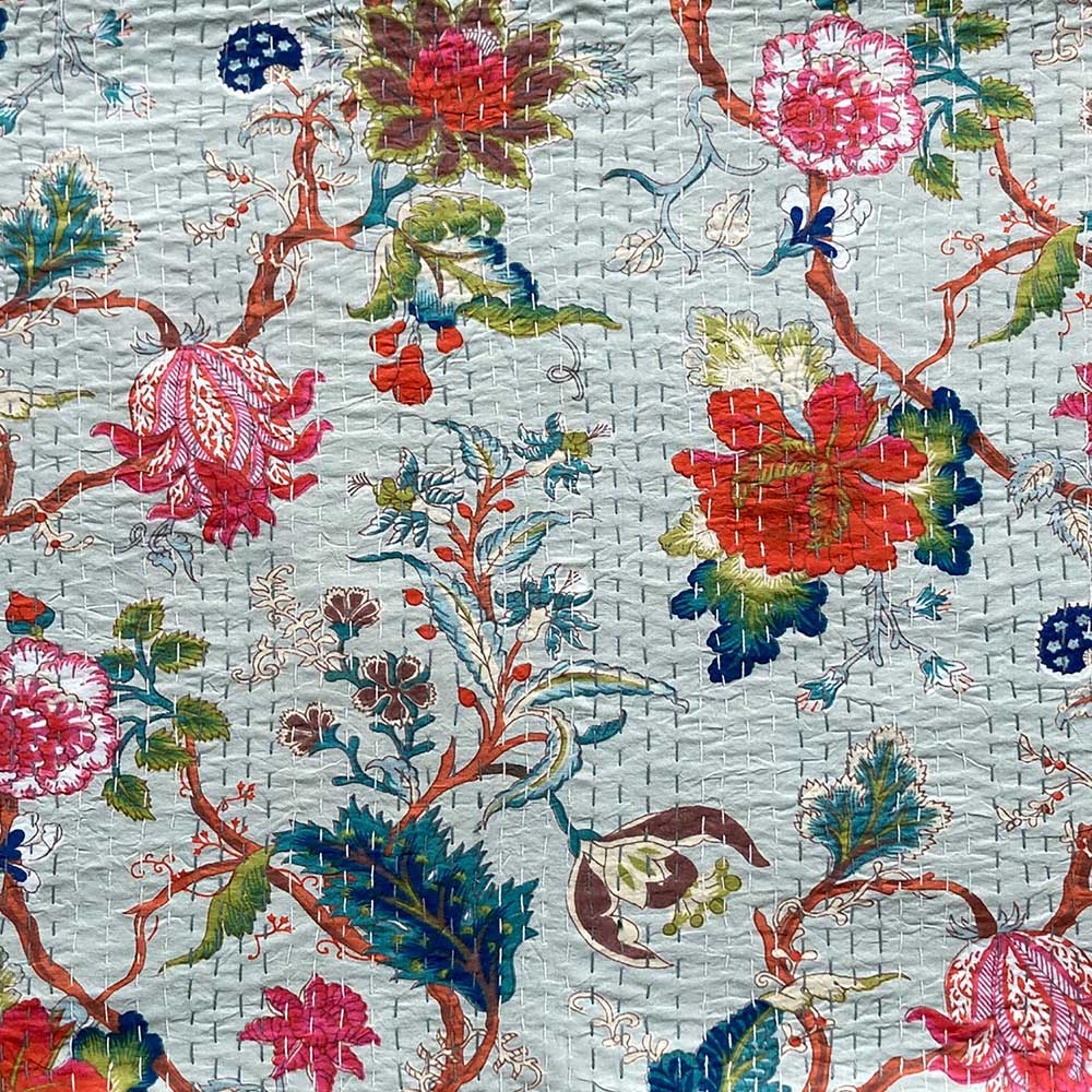 Blue Exotic Flower Kantha Throw