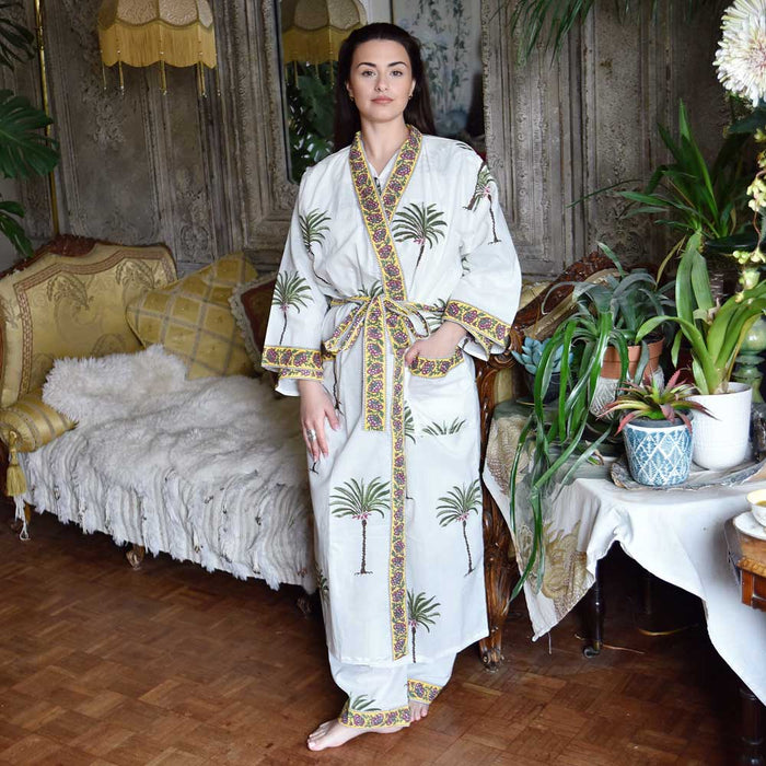 Ladies Green Palm Tree Print Cotton Dressing Gown