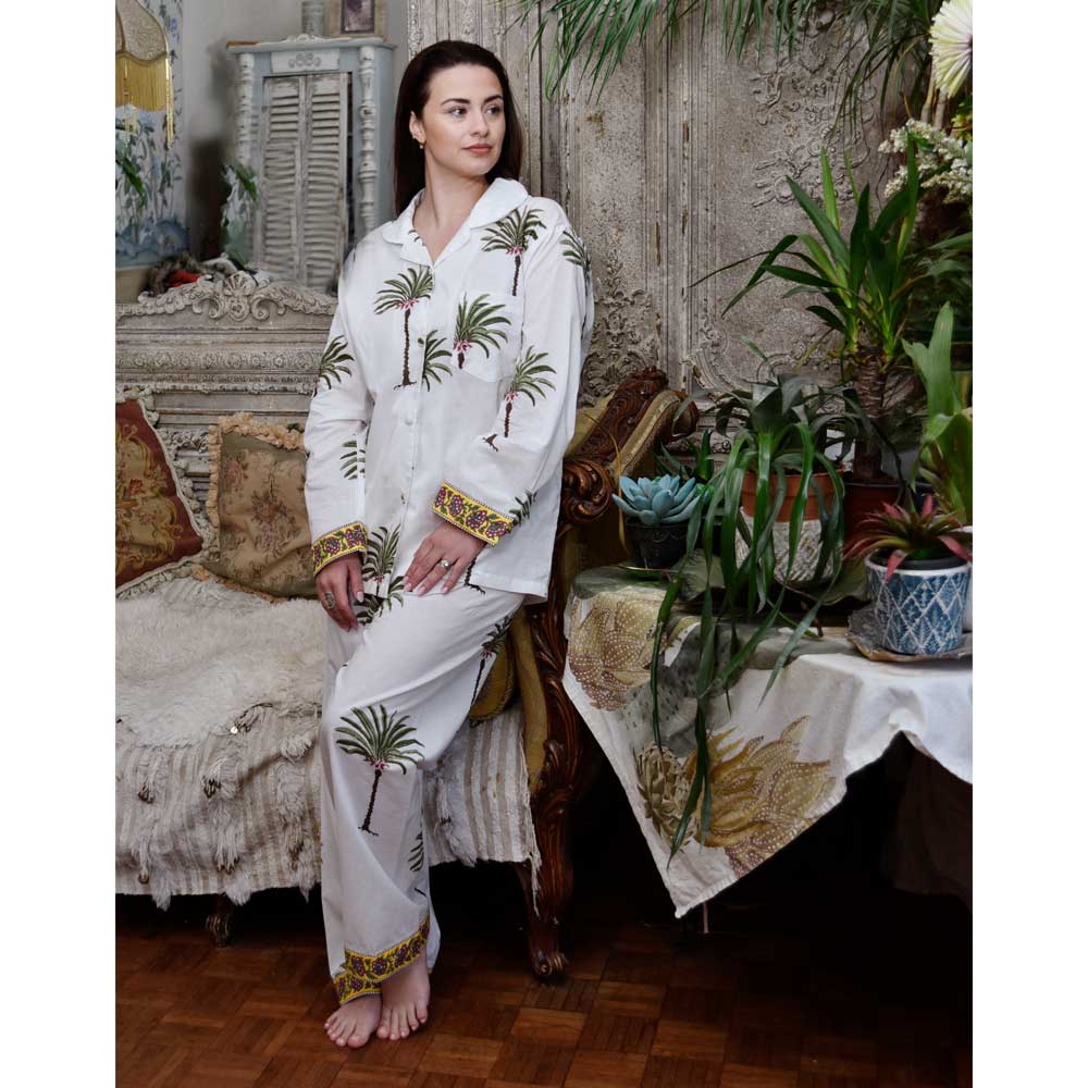 Ladies Green Palm Tree Print Cotton Pyjamas