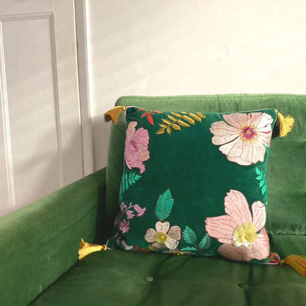 Posy Teal Velvet Cushion