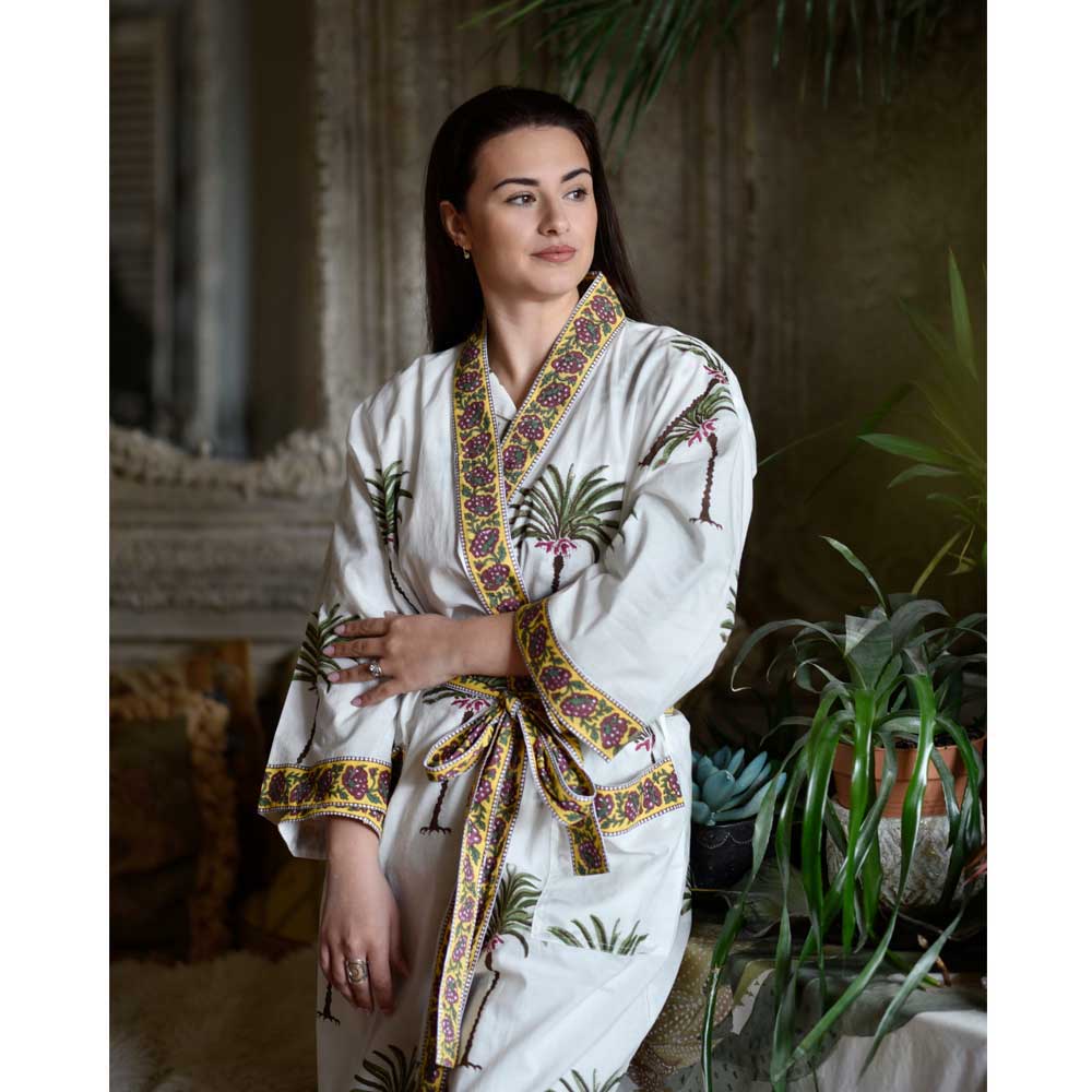 Ladies Green Palm Tree Print Cotton Dressing Gown