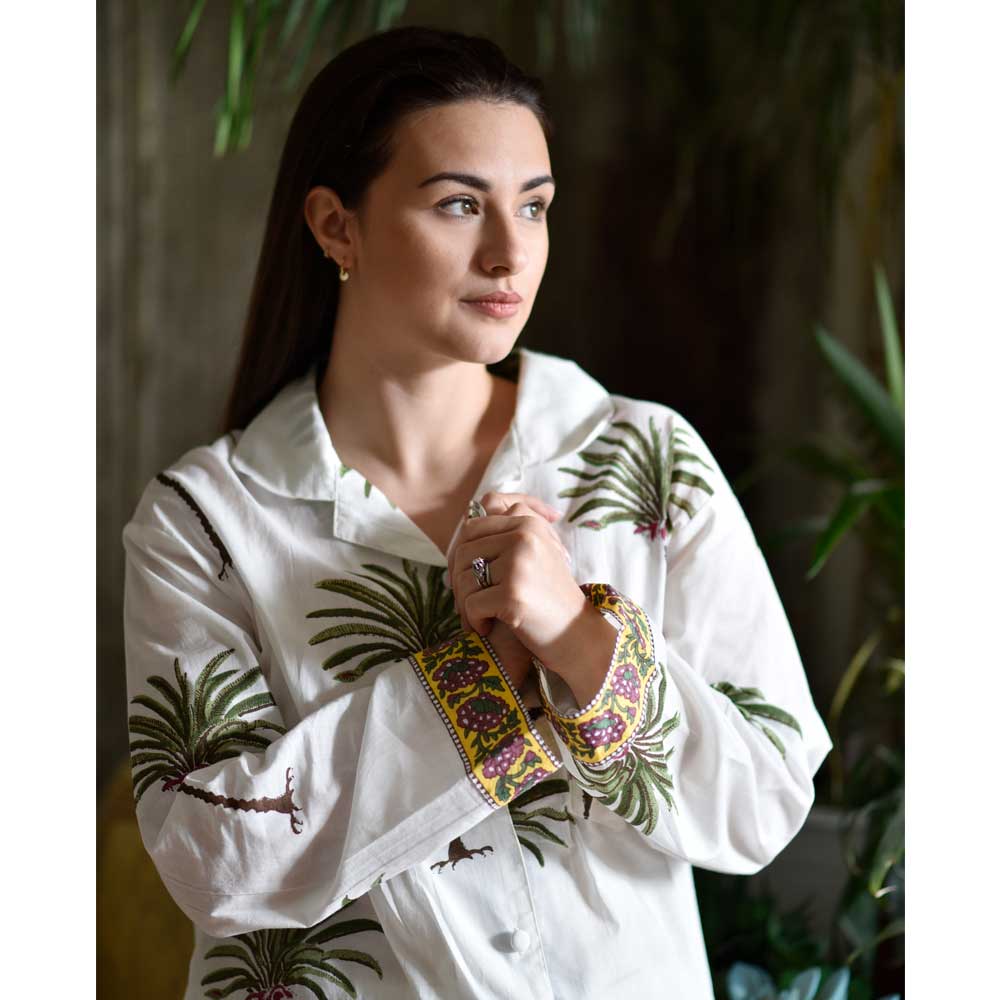 Ladies Green Palm Tree Print Cotton Pyjamas