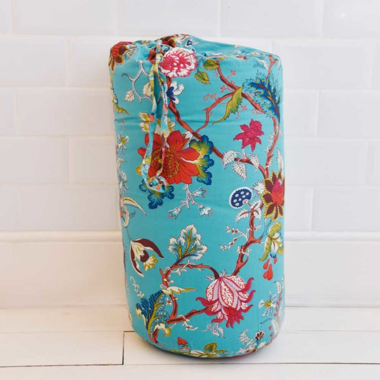 Teal Exotic Flower Print Cotton Indian Bed Quilt