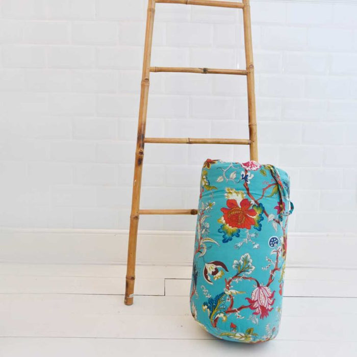 Teal Exotic Flower Print Cotton Indian Bed Quilt