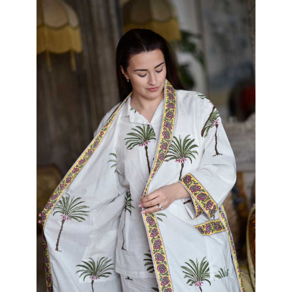 Ladies Green Palm Tree Print Cotton Dressing Gown