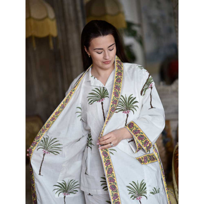 Ladies Green Palm Tree Print Cotton Dressing Gown