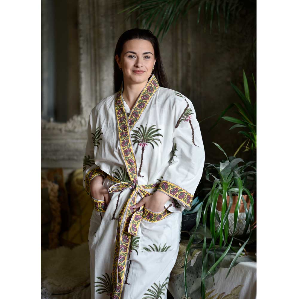 Ladies Green Palm Tree Print Cotton Dressing Gown
