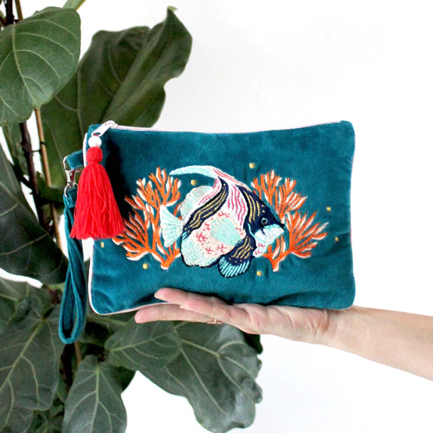 Coral Fish Velvet Clutch Bag