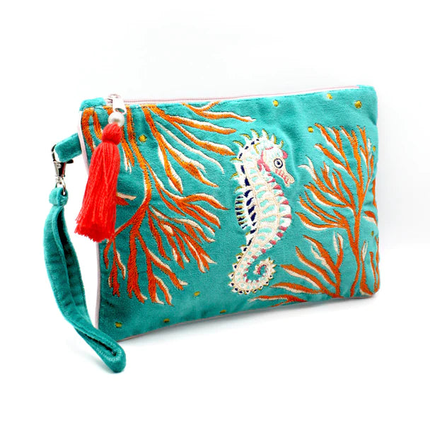 Coral Seahorse Velvet Clutch Bag