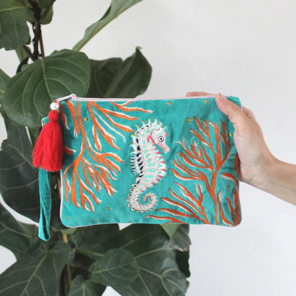 Coral Seahorse Velvet Clutch Bag