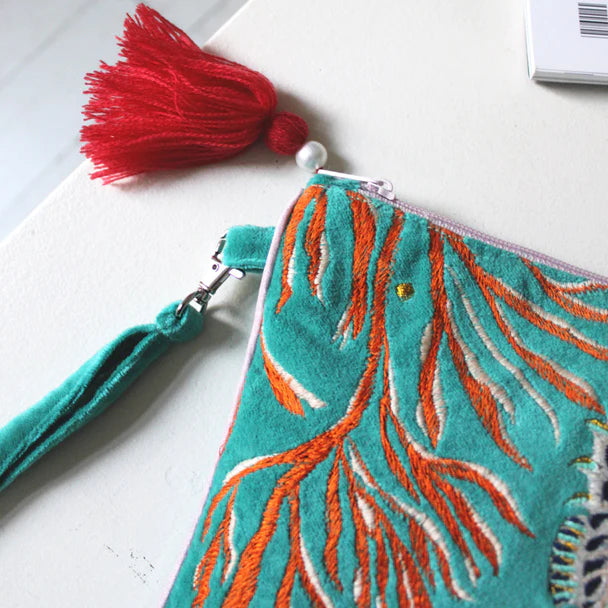 Coral Seahorse Velvet Clutch Bag