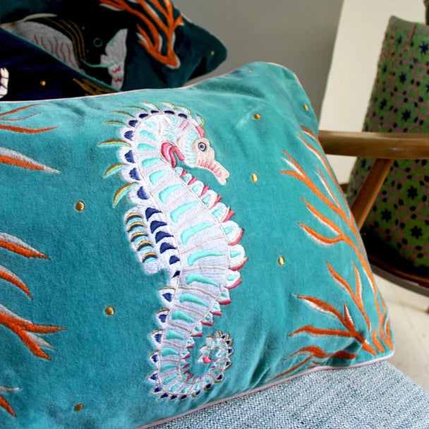 Coral Velvet Seahorse Cushion