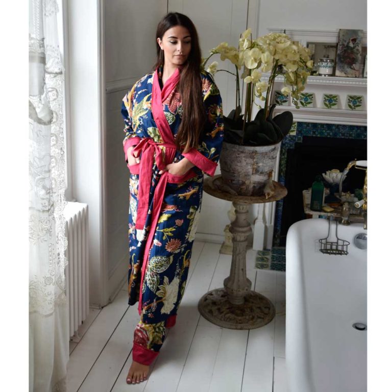 Ladies Blue Carnation Print Cotton Dressing Gown