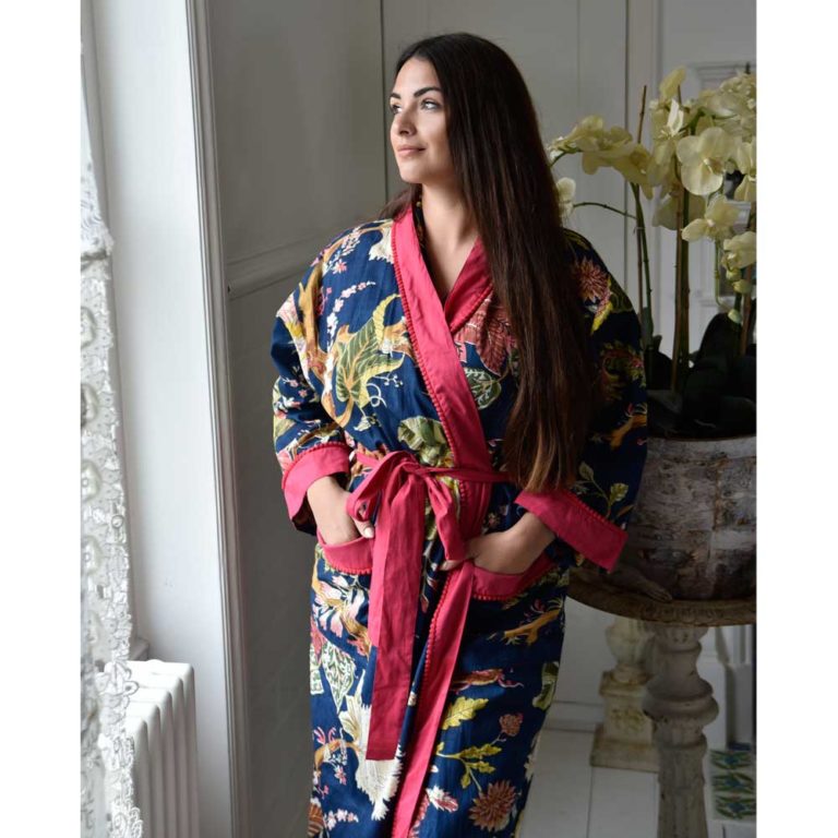 Ladies Blue Carnation Print Cotton Dressing Gown