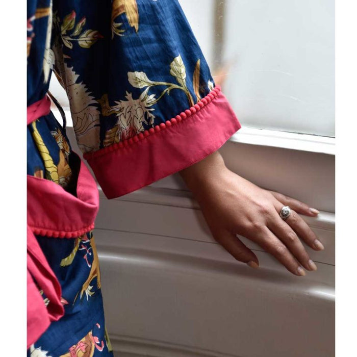 Ladies Blue Carnation Print Cotton Dressing Gown