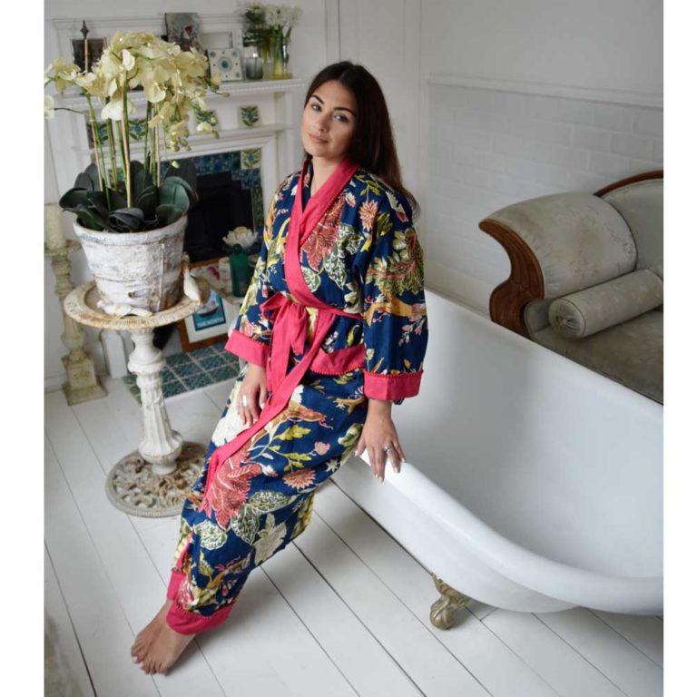 Ladies Blue Carnation Print Cotton Dressing Gown