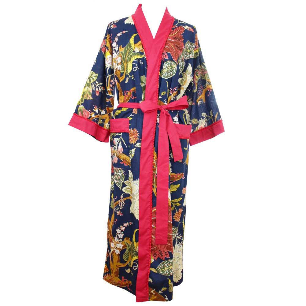 Ladies Blue Carnation Print Cotton Dressing Gown