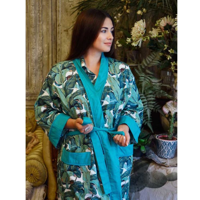Ladies Green Leaf Print Cotton Dressing Gown