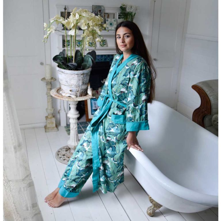 Ladies Green Leaf Print Cotton Dressing Gown