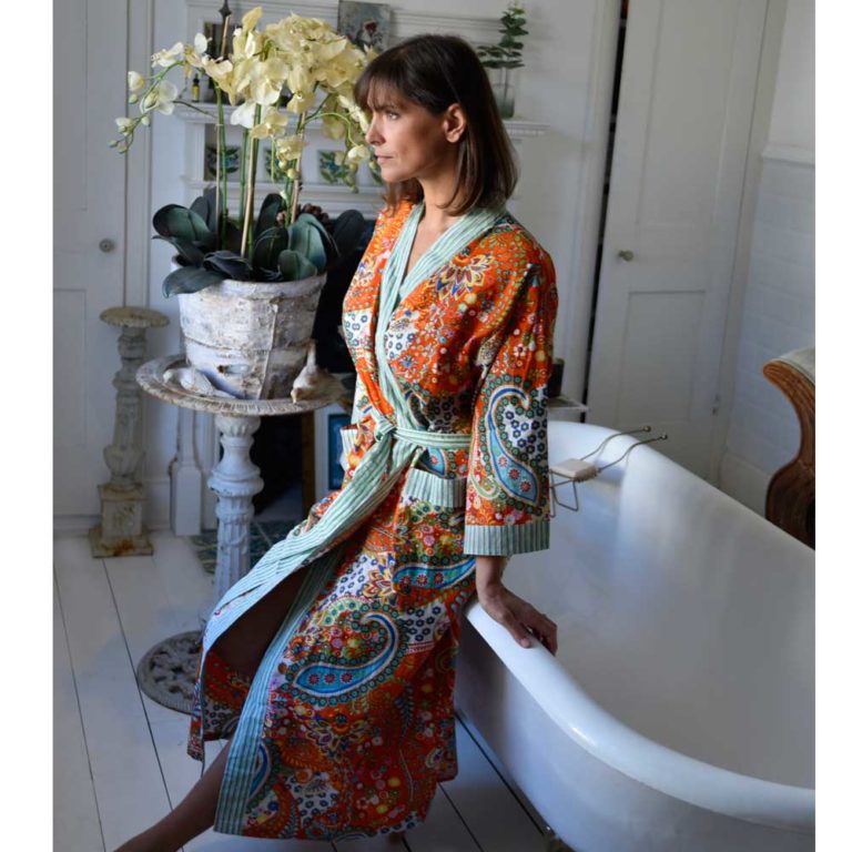 Ladies Orange Paisley Print Cotton Dressing Gown