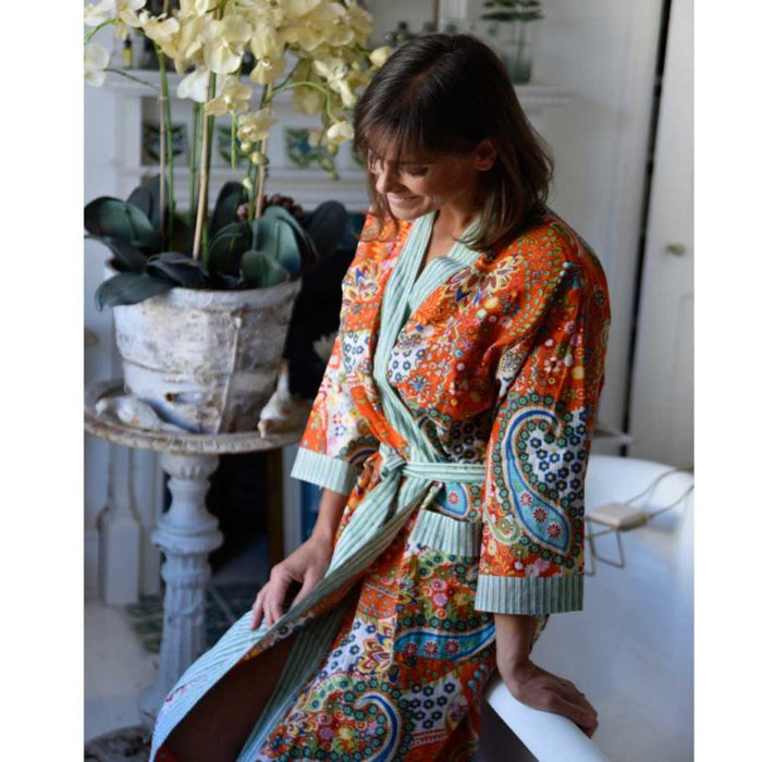 Ladies Orange Paisley Print Cotton Dressing Gown