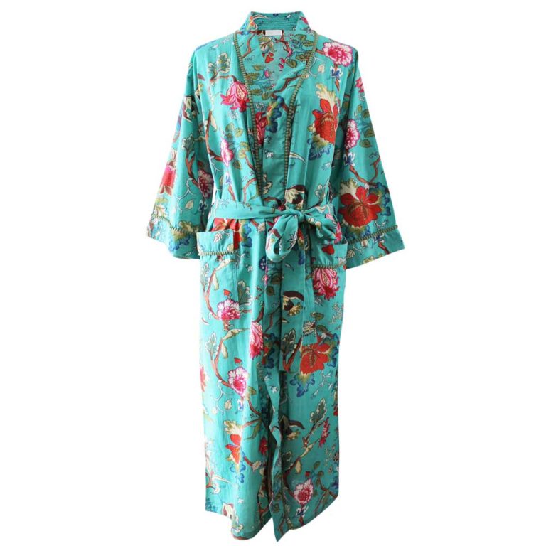 Ladies Teal Exotic Flower Print Cotton Dressing Gown