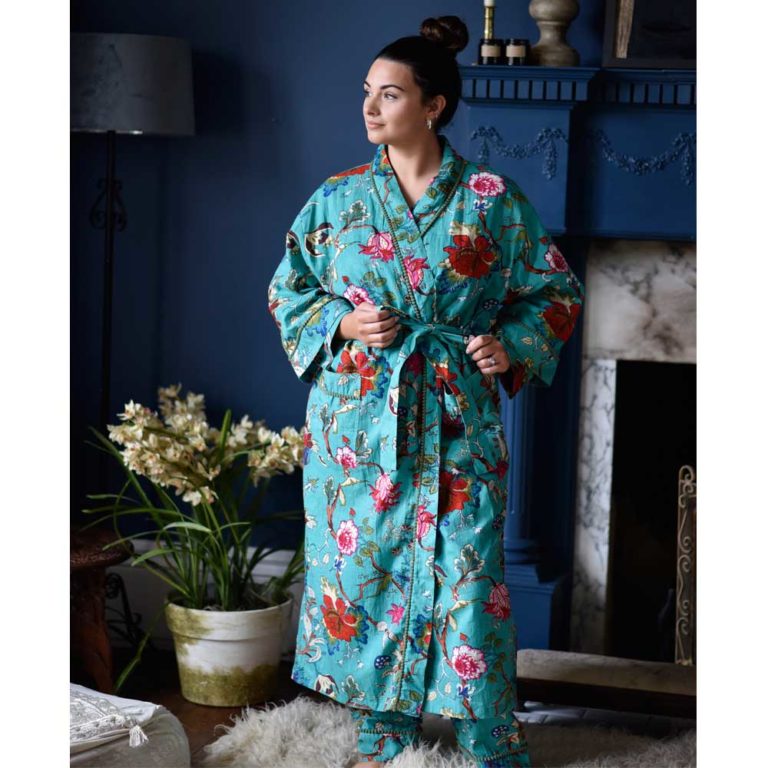 Ladies Teal Exotic Flower Print Cotton Dressing Gown