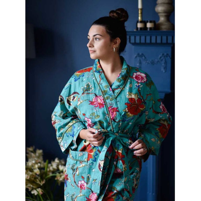 Ladies Teal Exotic Flower Print Cotton Dressing Gown